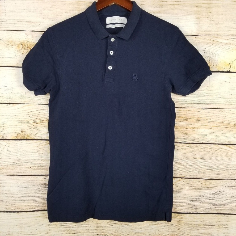 Essentials Zara Shirt Mens Size M Perfect Polo Collared Short Sleeve Navy Blue